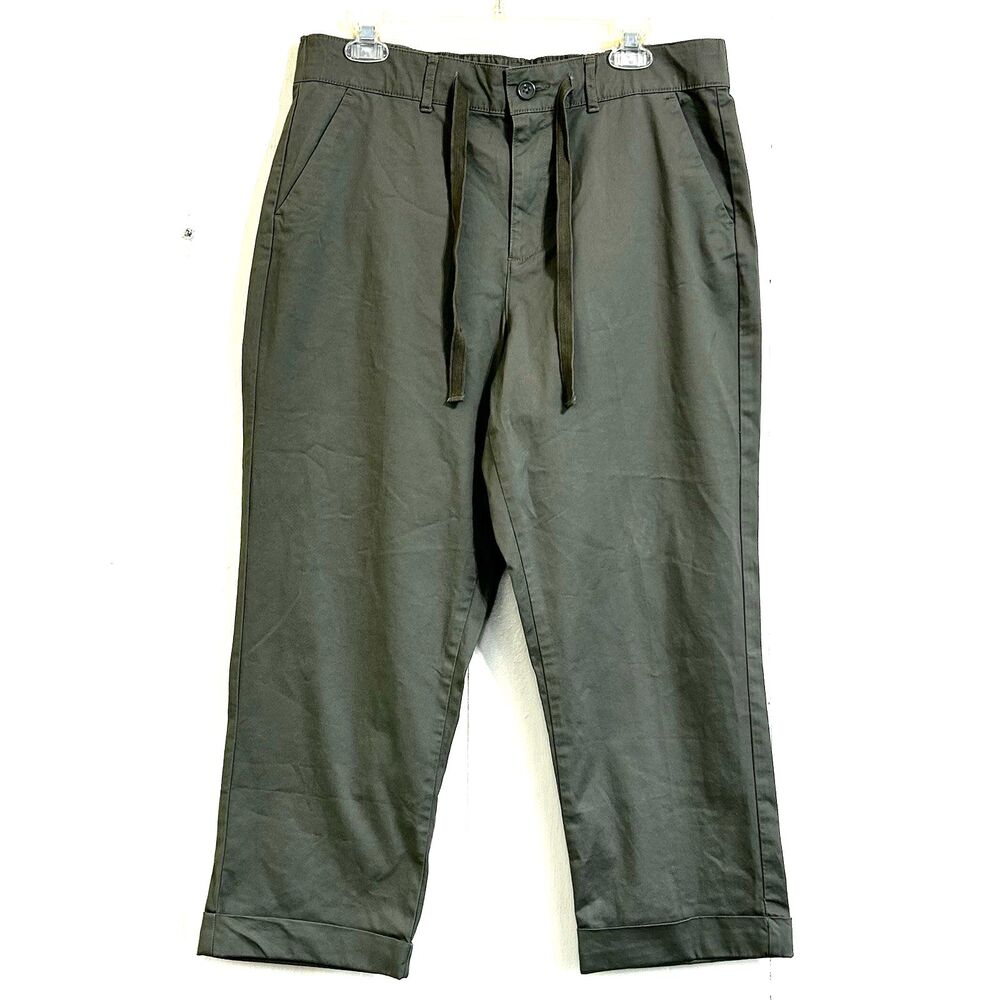 Joan Rivers Olive Green Capri Pants Size Medium Drawstring Waist Cuff Hems Pants